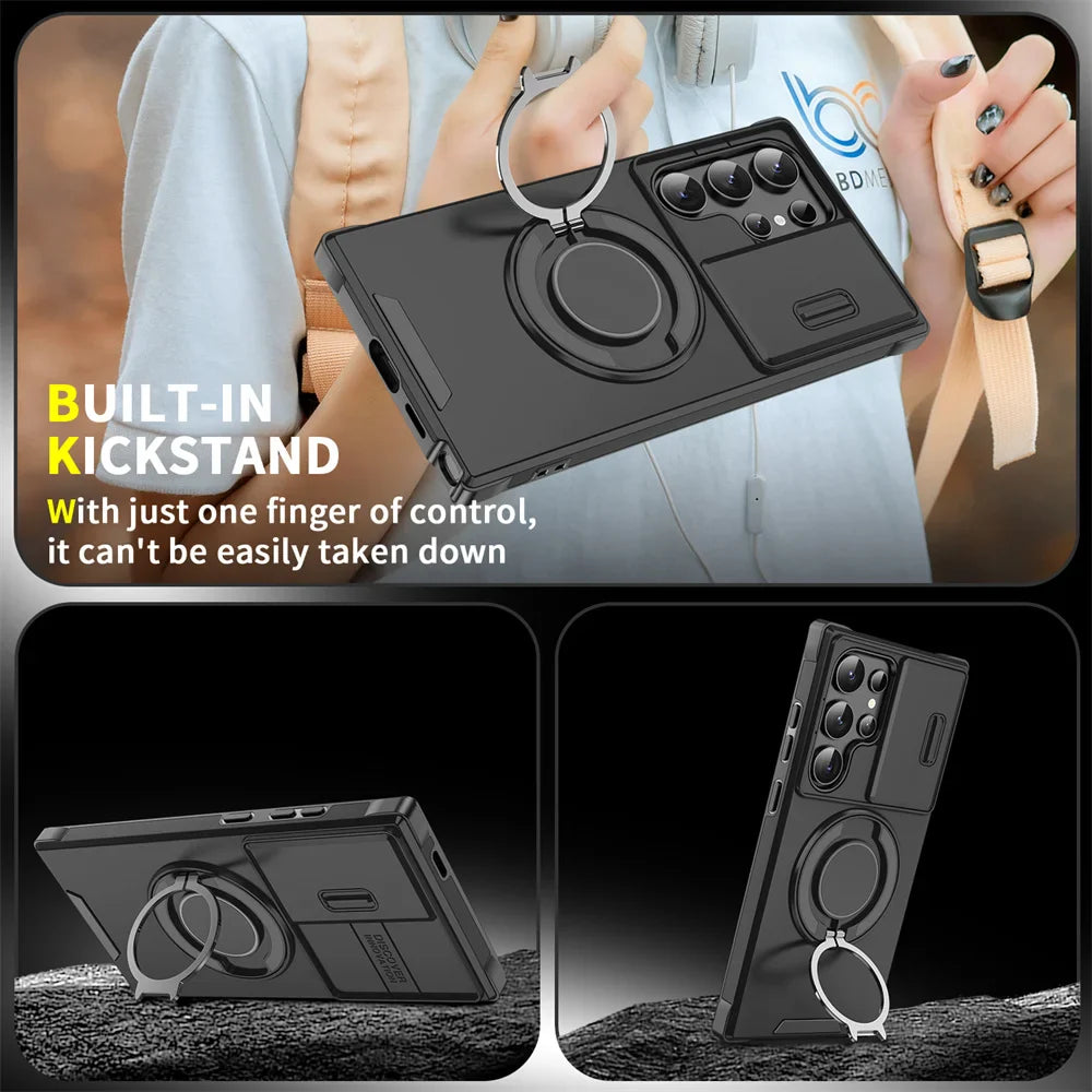 Phone case with built-in kickstand and ring holder, held by a person.