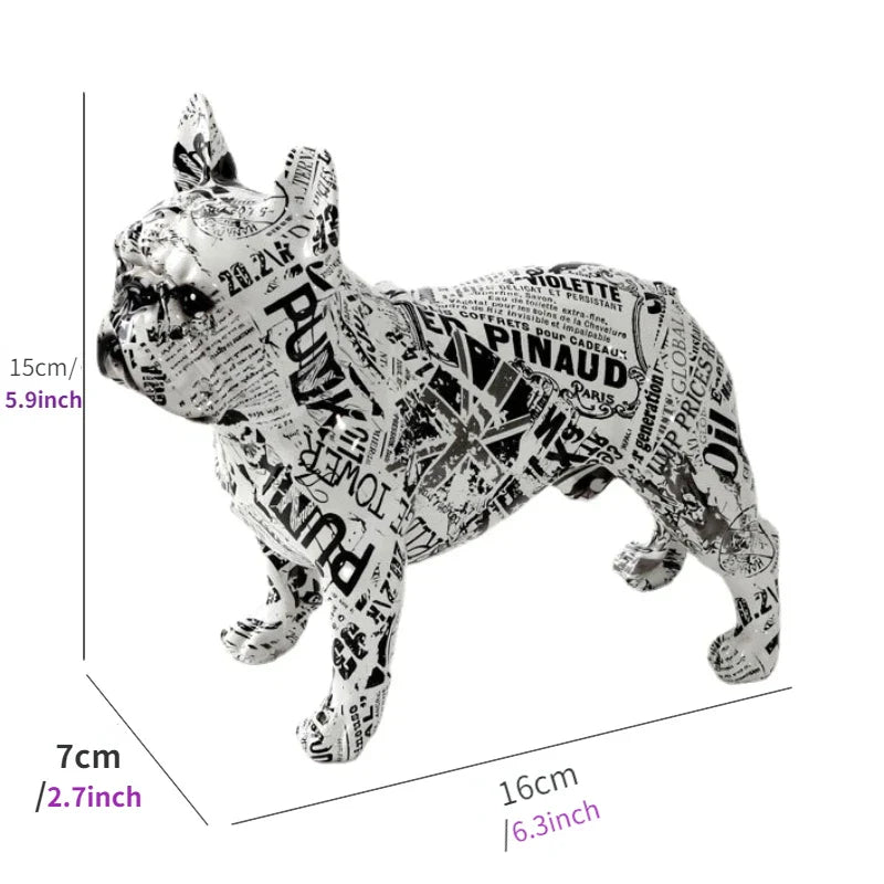 Black and white dog sculpture with text pattern, shown with dimensions on a white background frenchie french bulldog