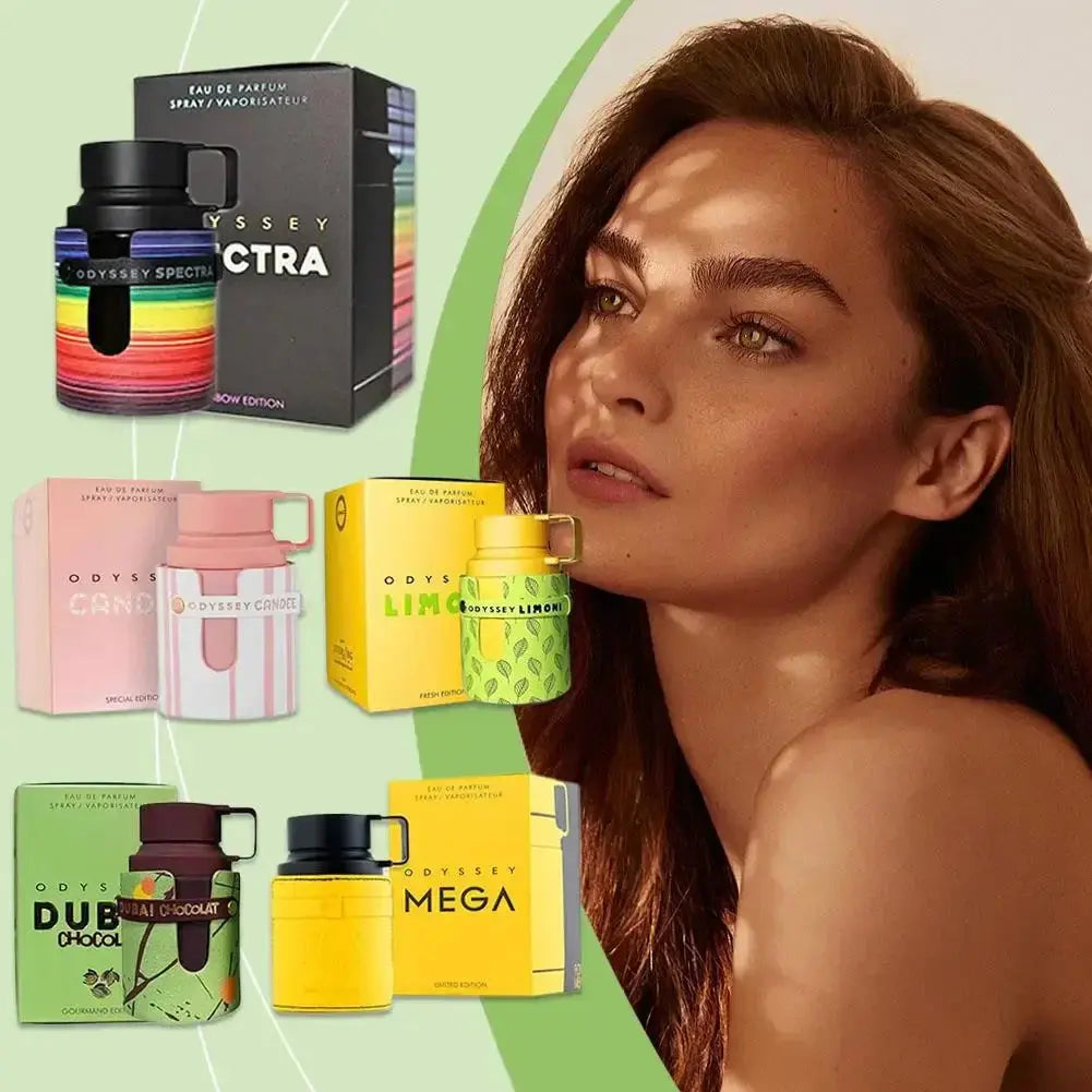 Collection of Ossey products including perfume bottles and boxes with a woman's face in the foreground.