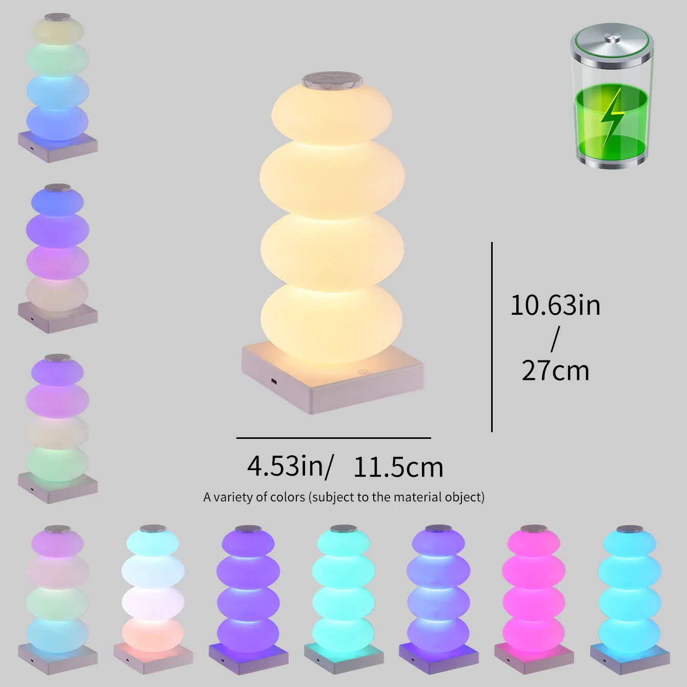 Stacked cylindrical lamps with RGB color changes, battery icon, and measurements on a gray background