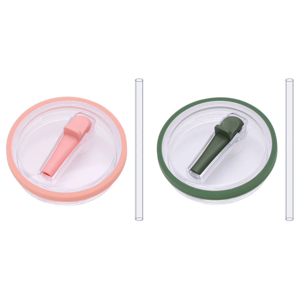 Peach and dark green flip straw lids with straws, reusable 40 oz tumbler lid replacements compatible with Stanley Quencher