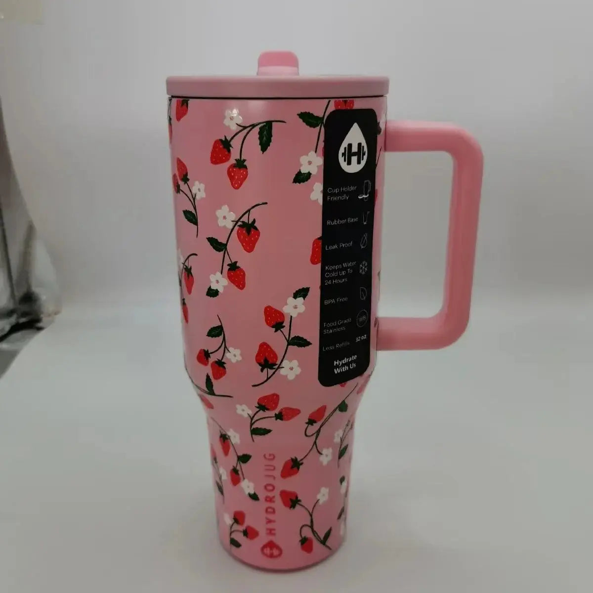 Strawberry print HydroJug Gobelet 40OZ Voyageur Thermos with pink handle, combining playful design with functional hydration.