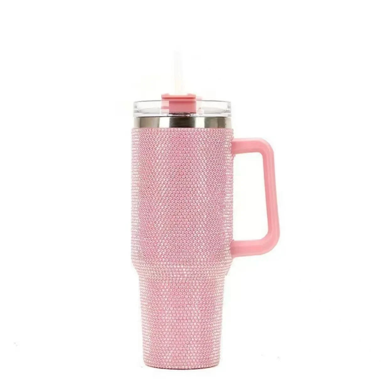 Pink blinged-out tumbler with a handle on a white background