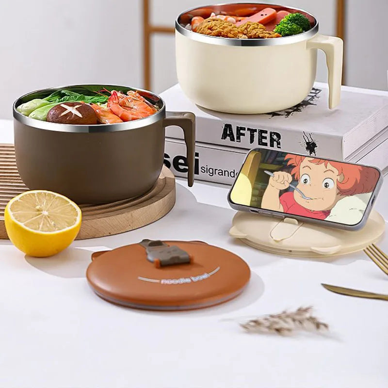 Instant Noodles Ramens Bowls filled with food, with lid doubling as a phone stand, perfect for multitasking during meals.
