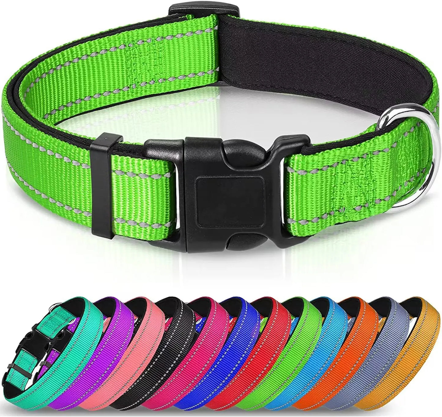 Reflective Dog Collar, Soft Neoprene Medium to Large Dogs, Neck 25-60 Centimetre lime green
