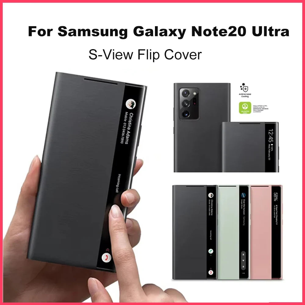 S-View Flip Cover for Samsung Galaxy Note20 Ultra with multiple views and a hand holding the cover.