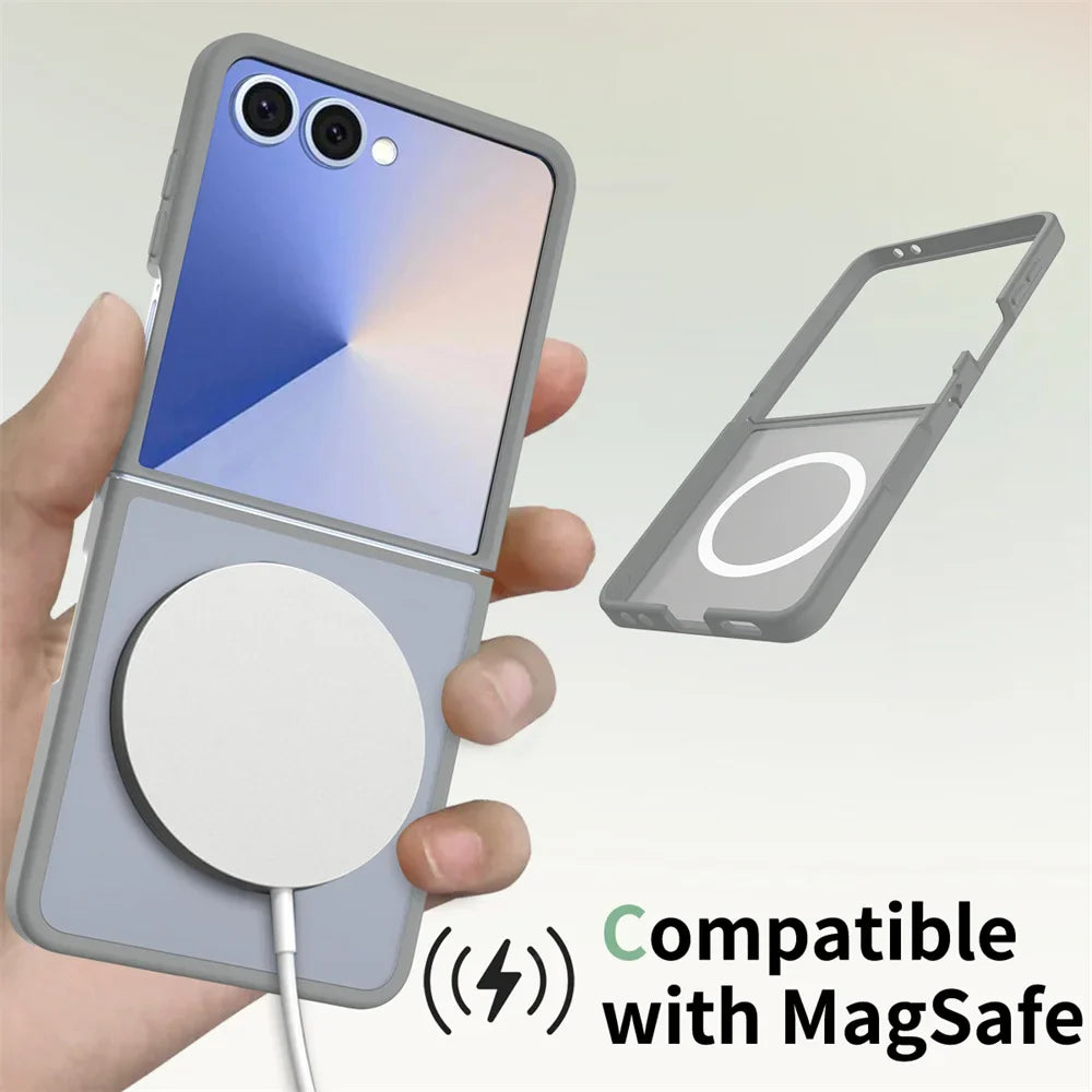Smartphone with a magnetic charging pad held by a hand, with 'Compatible with MagSafe' text.