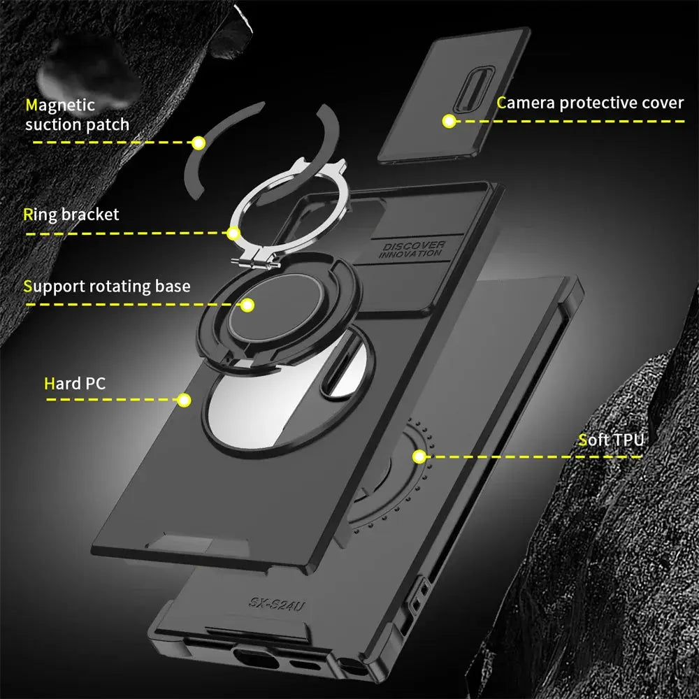 Phone case with various features labeled on a dark background