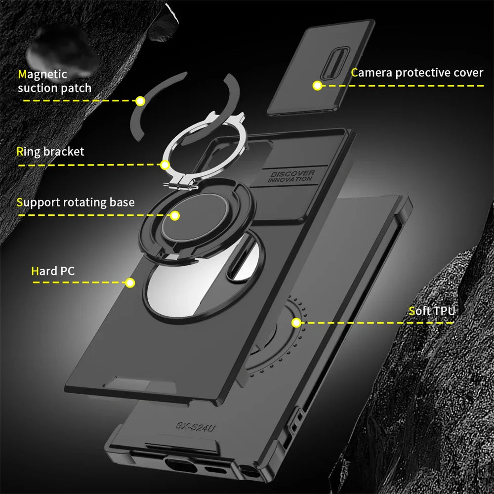 Phone case with various features labeled on a dark background