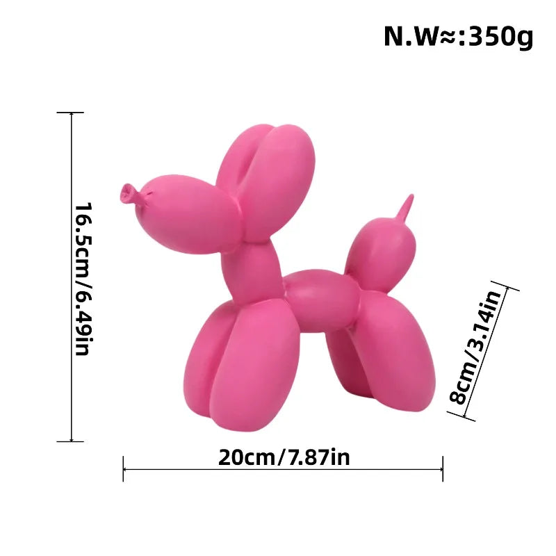 Pink balloon dog sculpture with measurements on a white background