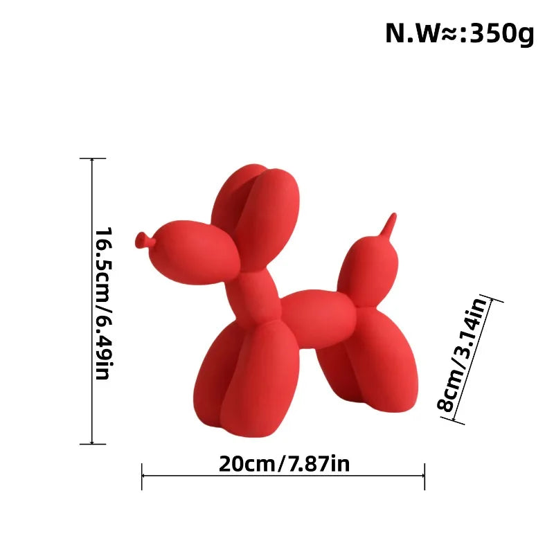 Red balloon dog sculpture with measurements on a white background