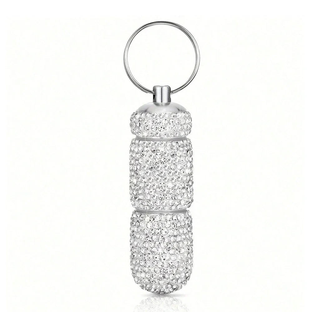 Bling Keychain Pill Box 2 Compartments Small Travel Pill Case Organizer Crystal Diamond Medicine Bottle Pill Bottle Keychain Pure Ember