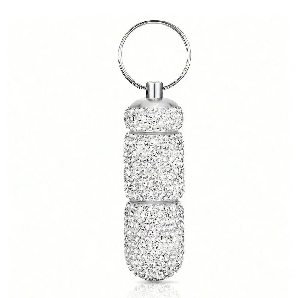Bling Keychain Pill Box 2 Compartments Small Travel Pill Case Organizer Crystal Diamond Medicine Bottle Pill Bottle Keychain Pure Ember