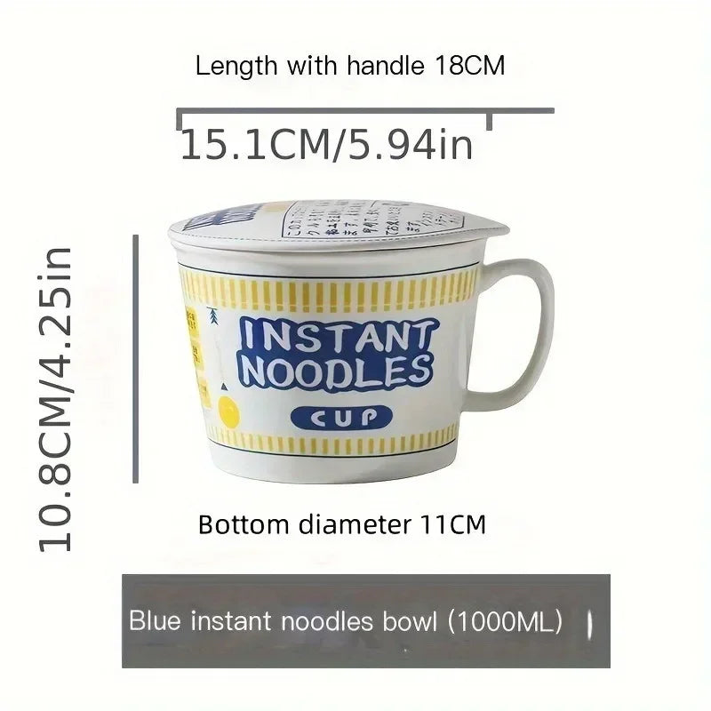 Blue large ceramic noodle bowl with lid, 1000ml capacity and ergonomic handle. Ideal for soups, noodles, and stews.