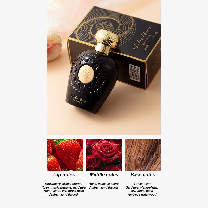 Perfume bottle with gold cap and black packaging on a light background