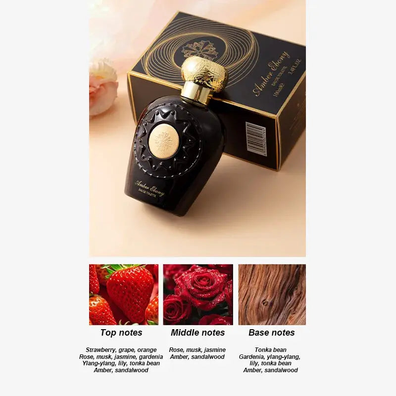 Perfume bottle with gold cap and black packaging on a light background