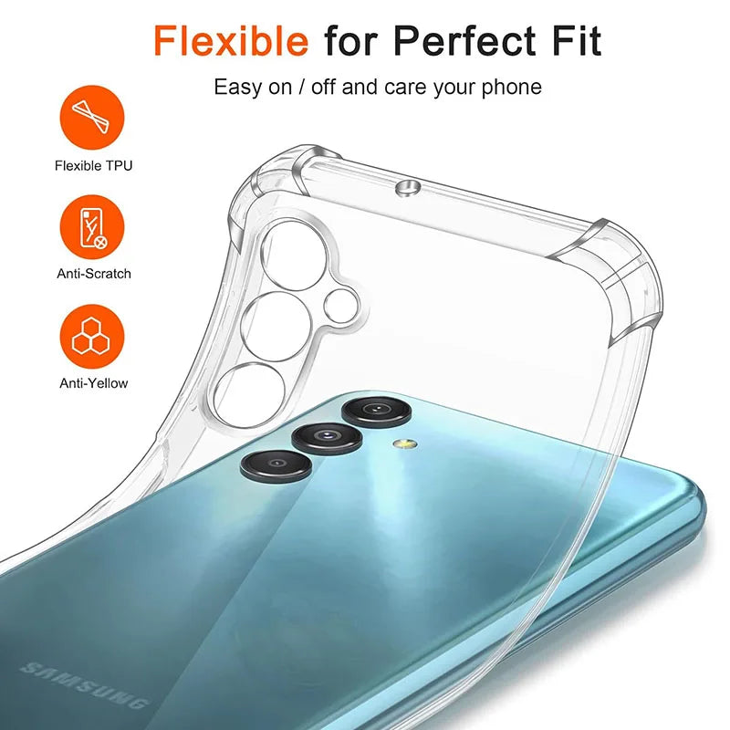Clear phone case with features on a Samsung phone, highlighting flexibility, anti- scratch, and anti-yellow properties.