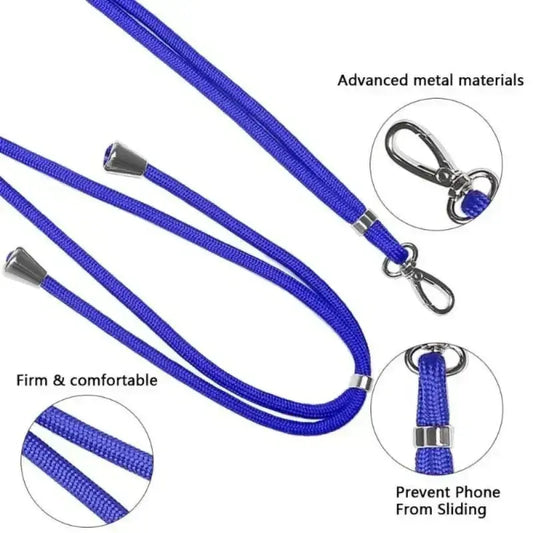 Blue lanyard with metal clips and connectors on a white background