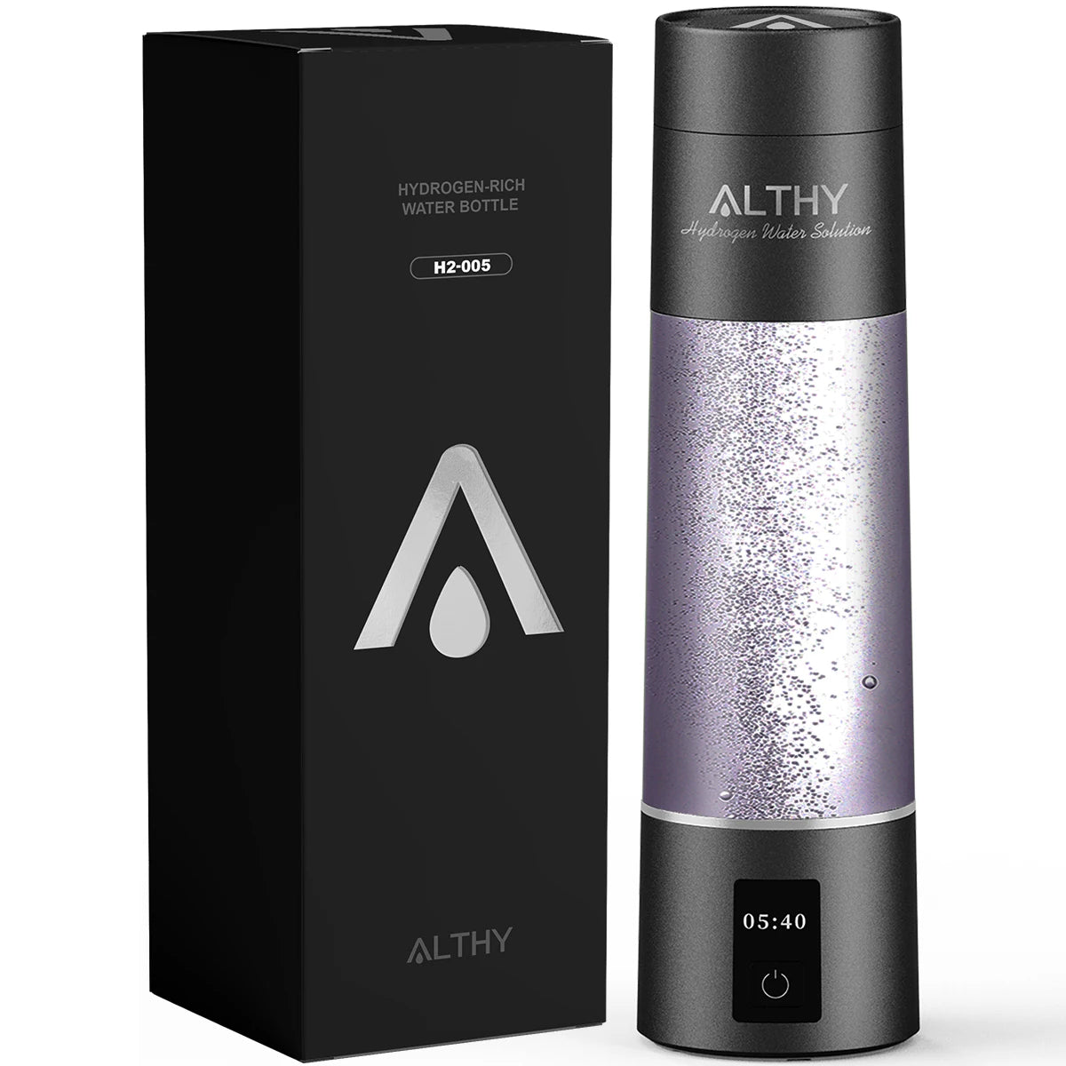 Althy hydrogen-rich water bottle with packaging on a white background