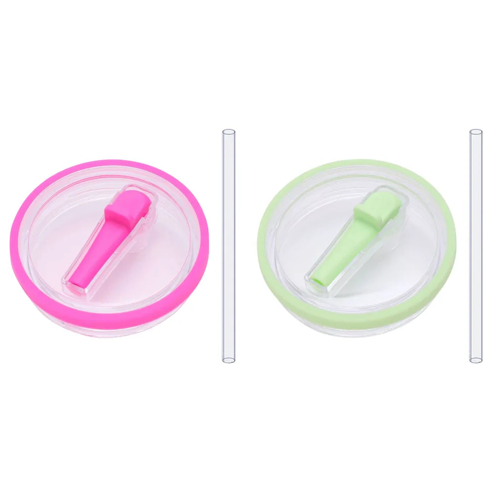 Two flip straw lids in pink and green with matching straws, reusable 40 oz tumbler lid replacements for Stanley Quencher