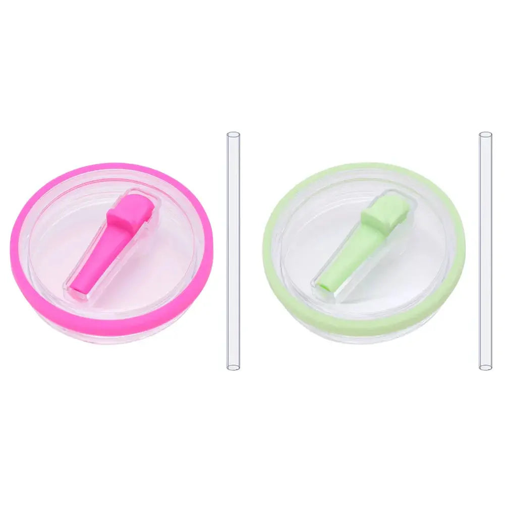 Two flip straw lids in pink and green with matching straws, reusable 40 oz tumbler lid replacements for Stanley Quencher