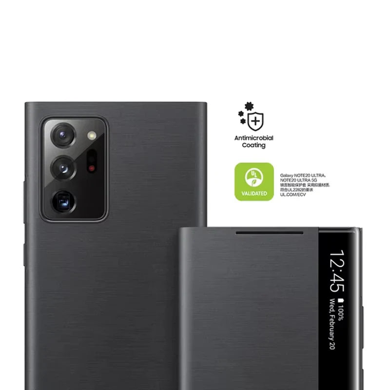 Black phone case with antimicrobial coating certification on a white background