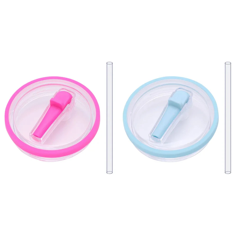 Pink and light blue flip straw lids with straws, reusable 40 oz tumbler lid replacements for Stanley Quencher