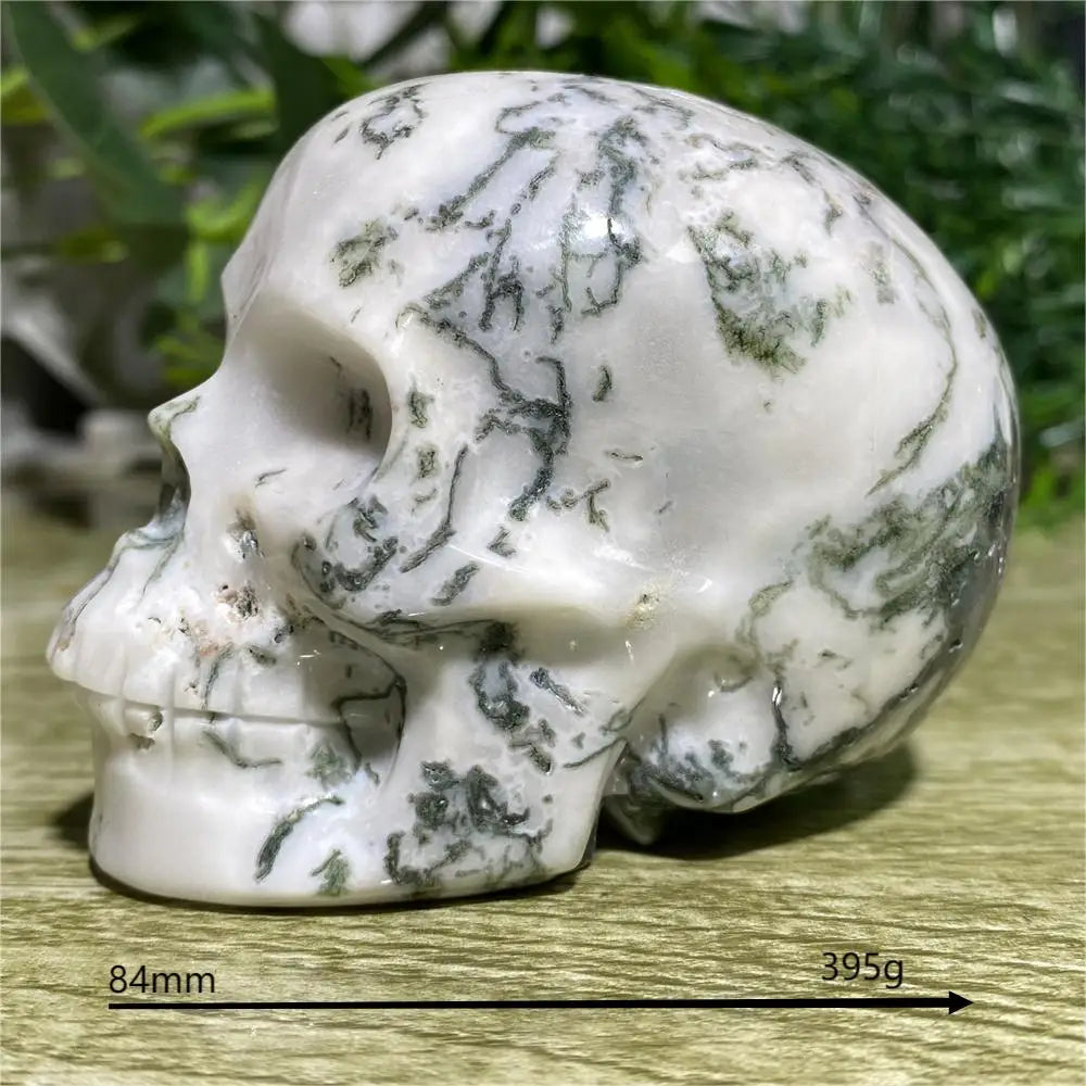 Marble-patterned skull sculpture on a wooden surface with greenery in the background
