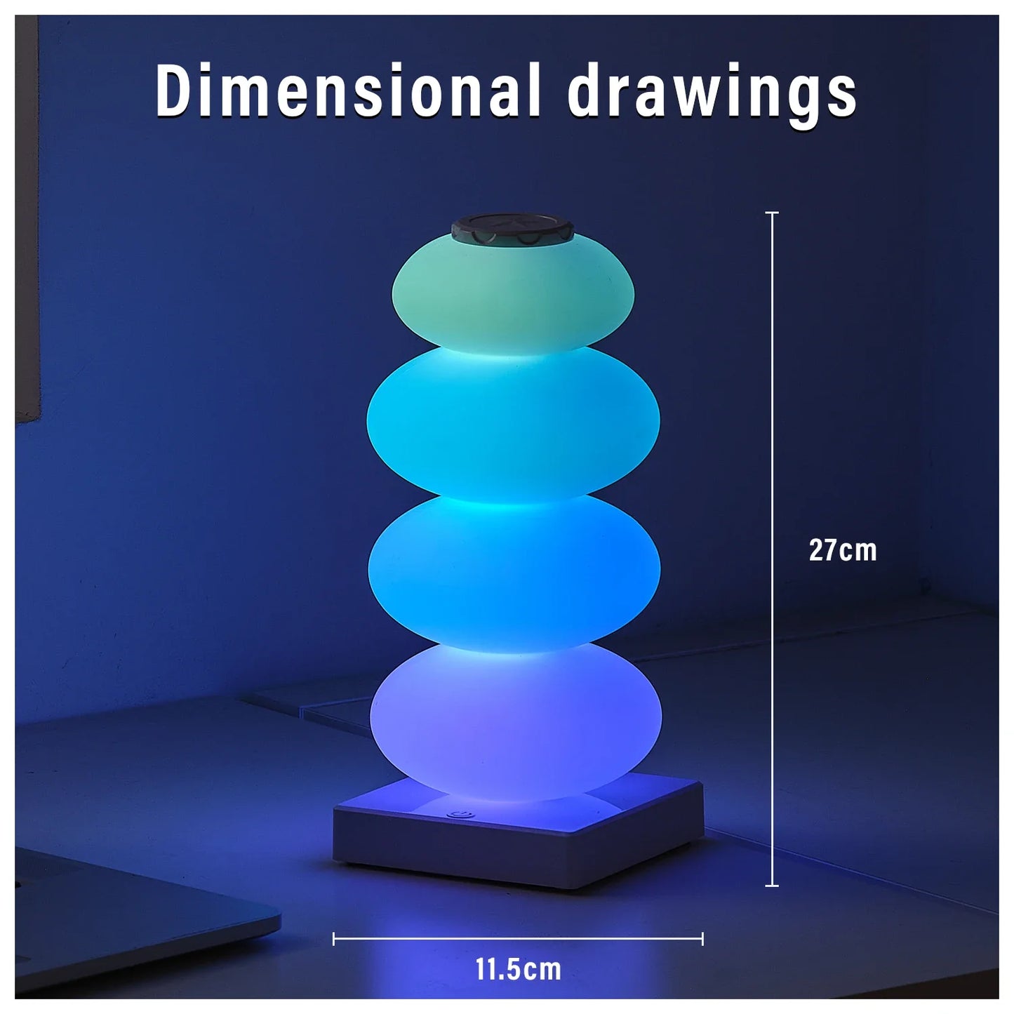 Blue cylindrical lamp with dimensions indicated on a dark blue background