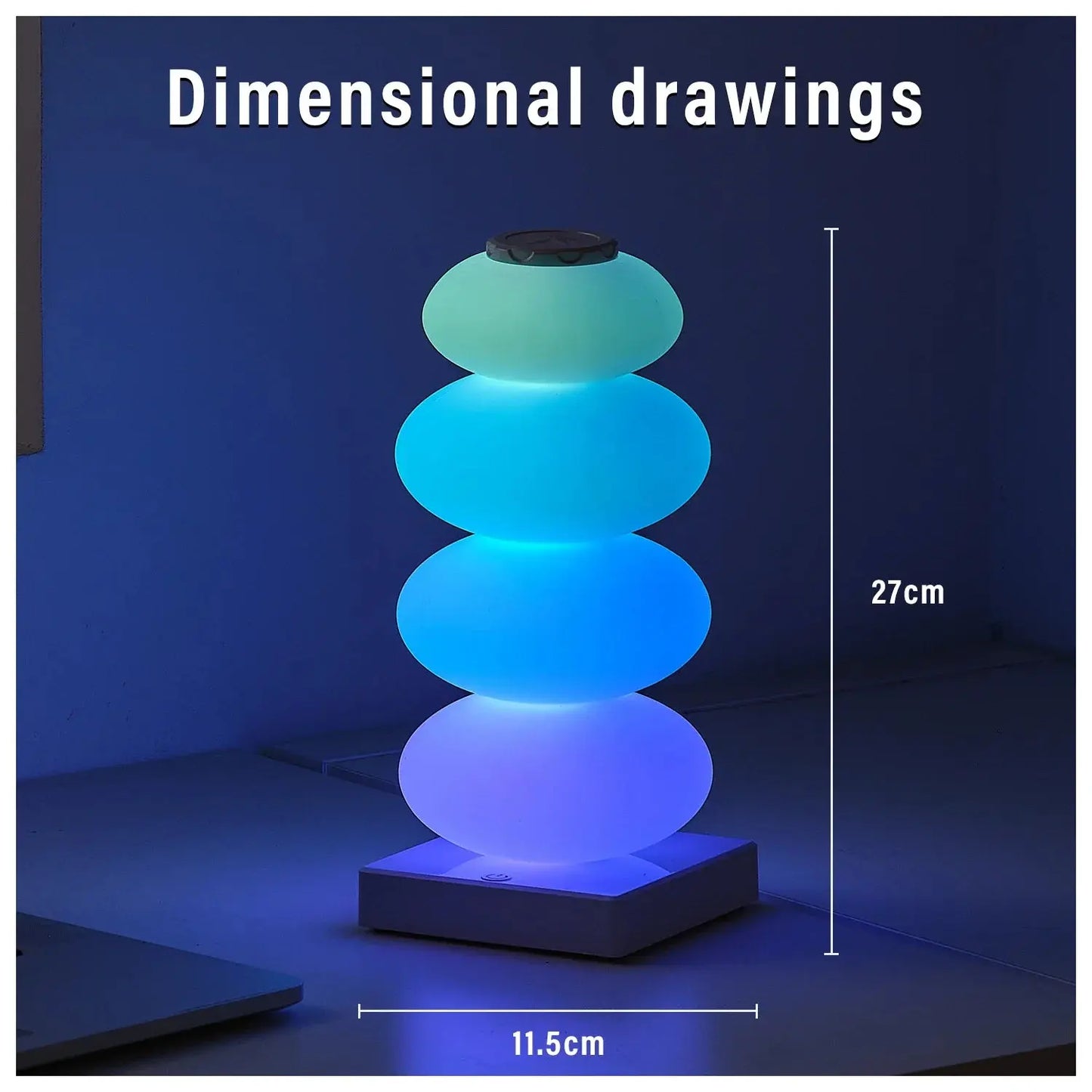 Blue cylindrical lamp with dimensions indicated on a dark blue background