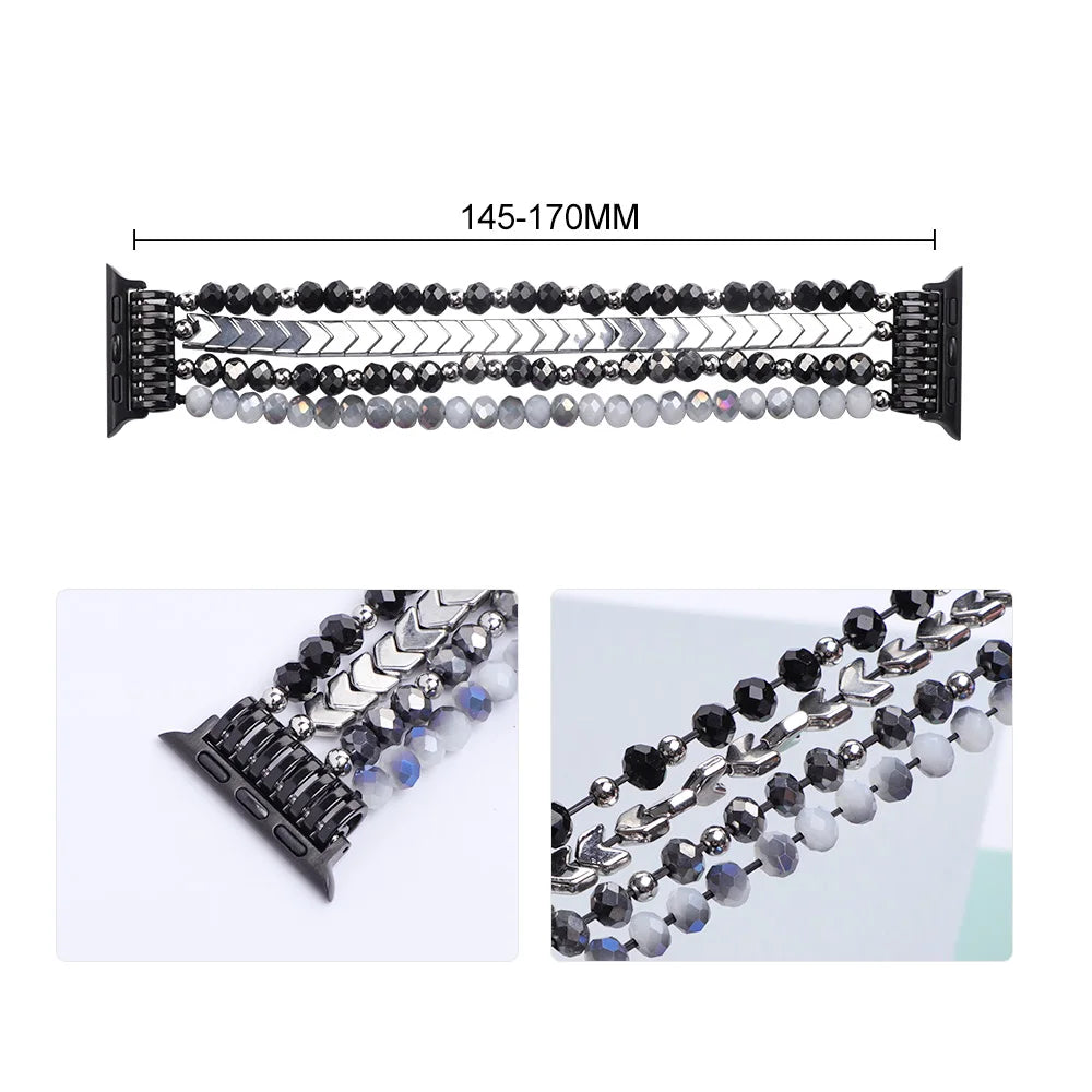 Black and silver beaded bracelet with measurements on a white background