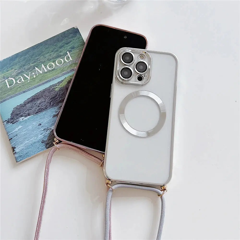 Phone case with a strap on a white surface