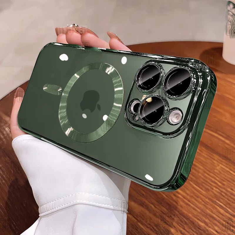 Green phone case with camera lens held by a person on a wooden surface