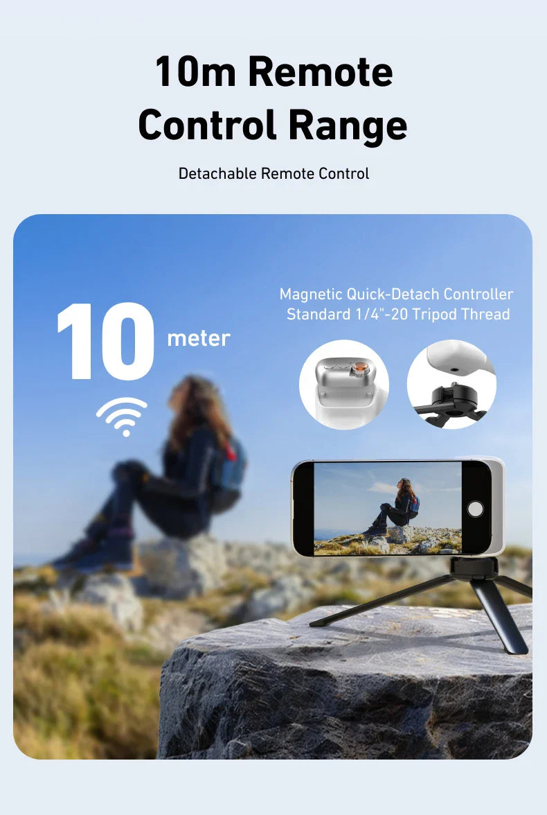 Remote control range feature with smartphone and tripod on a mountain background