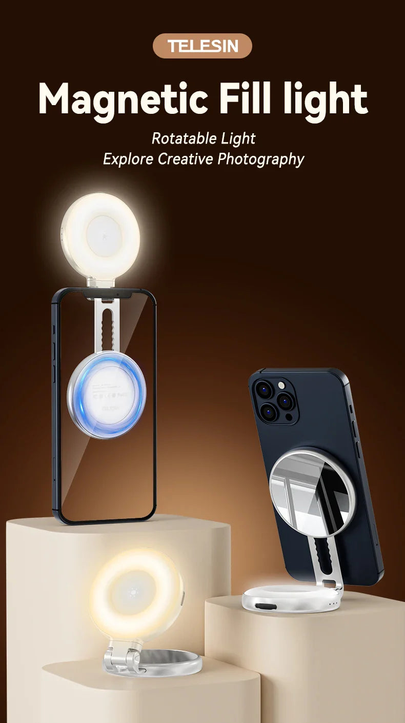 TELESIN magnetic fill light with smartphone holder on a brown background