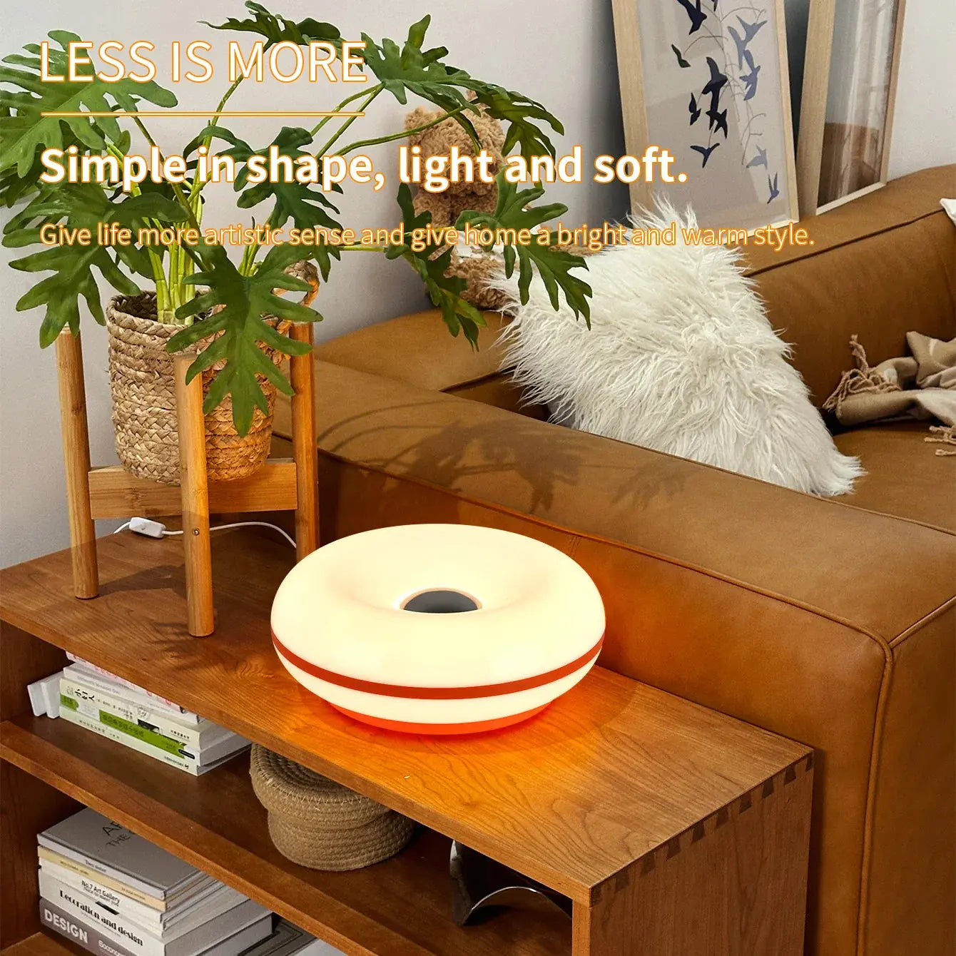 Decorative lamp on a wooden shelf with a couch and plant in the background