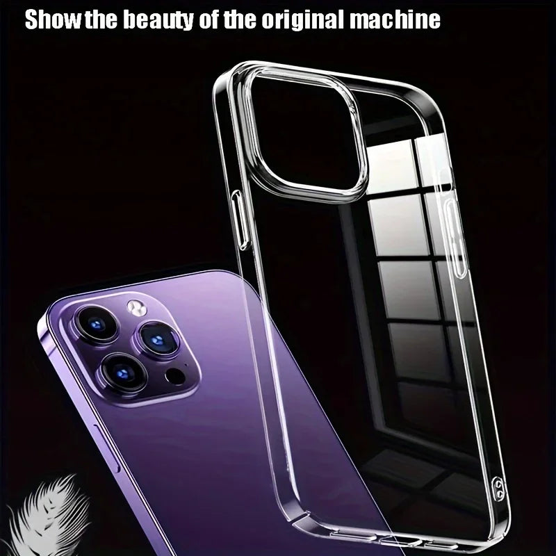 Clear phone case on a black background with text 'Show the beauty of the original machine'.