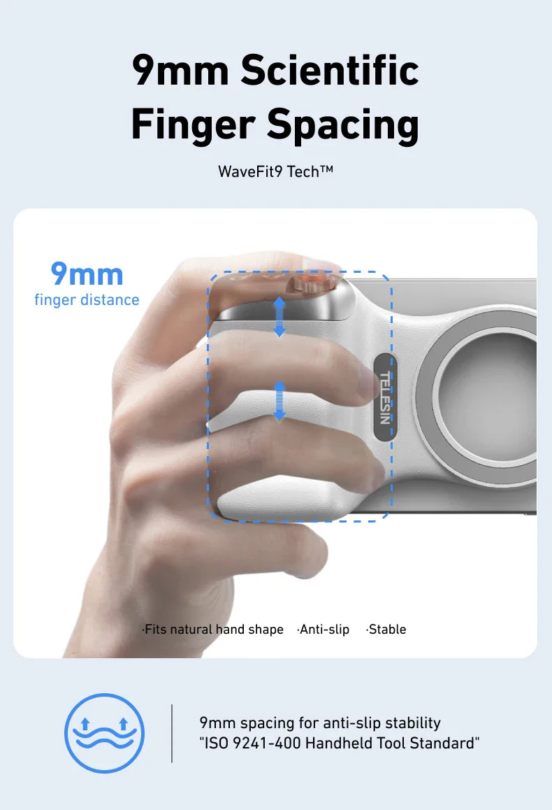 Handheld tool with 9mm scientific finger spacing design, showing a hand holding it.