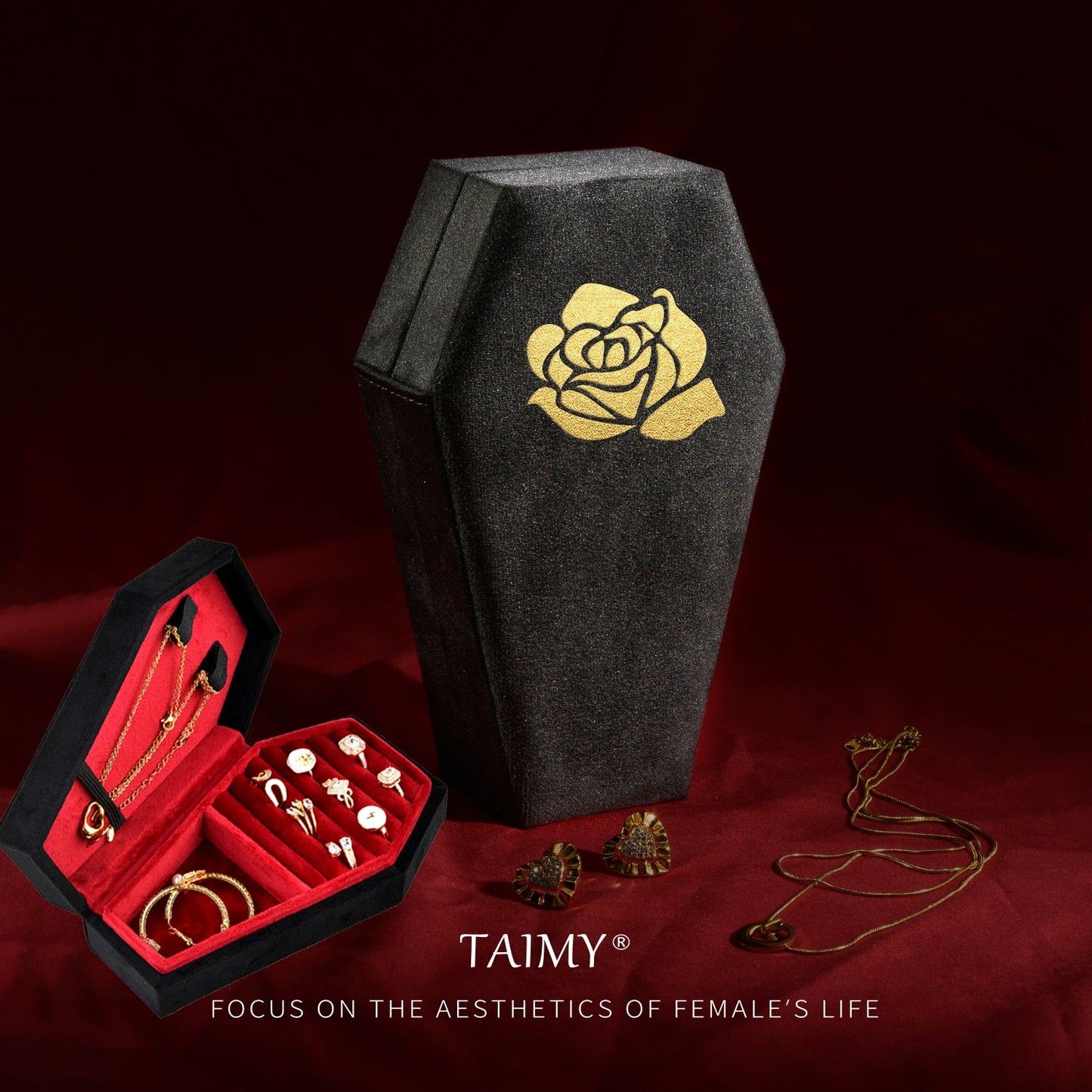 Gothic Velvet Coffin Jewelry Box gold rose