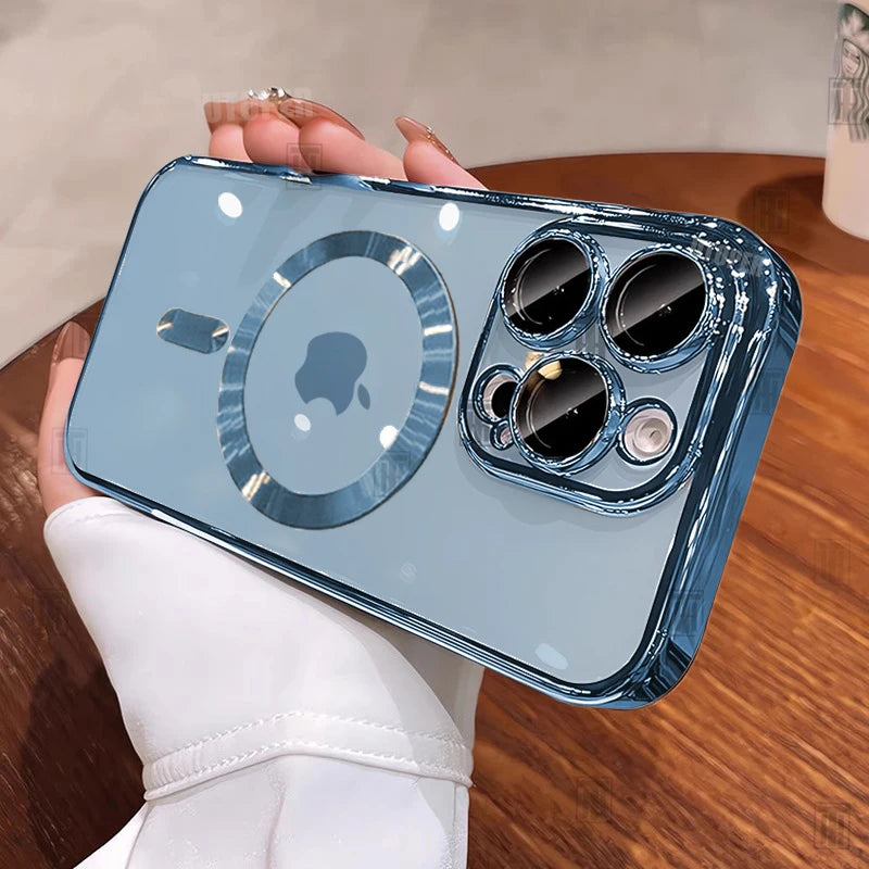 Blue phone case held by a person on a wooden surface