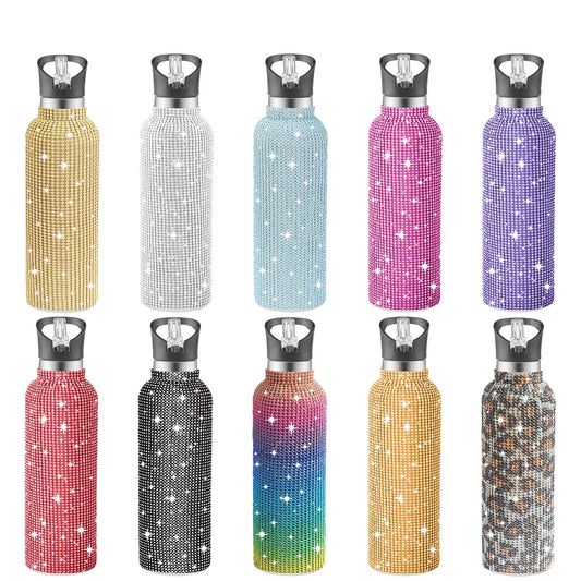 Set of nine blinged-out water bottles in various colors with metallic lids.