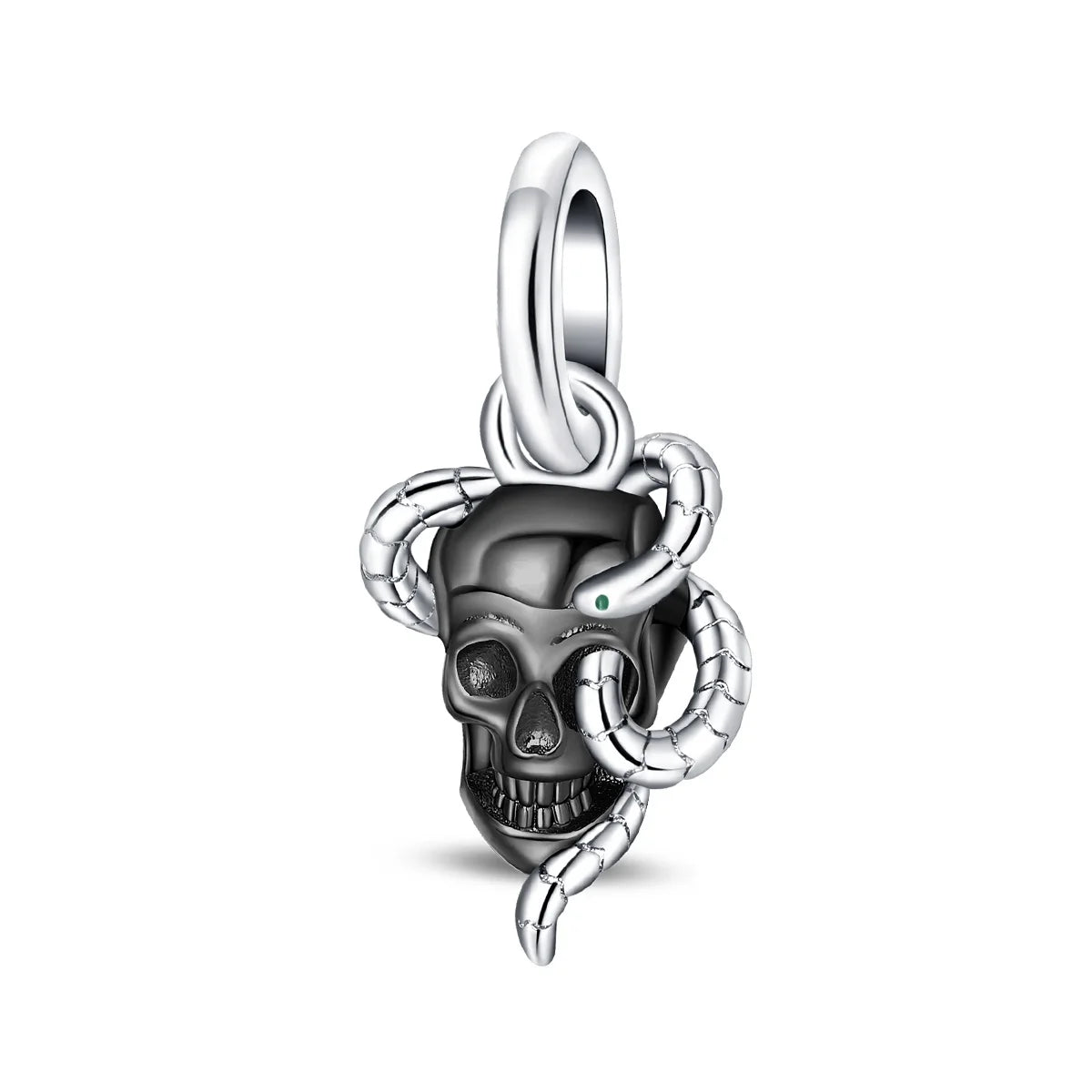 Skull charm with snake on a white background. pandora style charm pendant. Gothic Style, Halloween theme.
