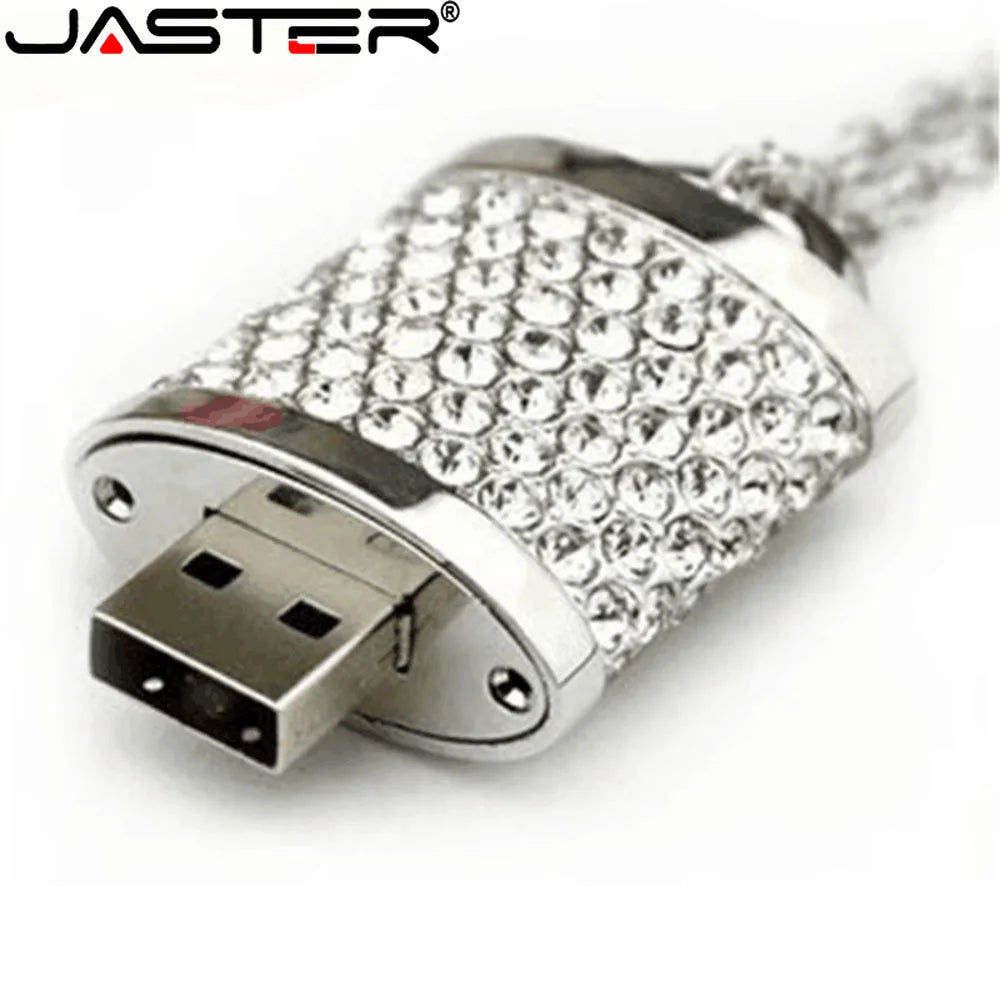 USB flash drive with rhinestone design on a white background, featuring the JASTER brand.