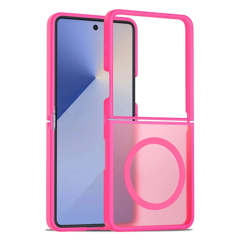 Phone case with pink border and clear back on a white background