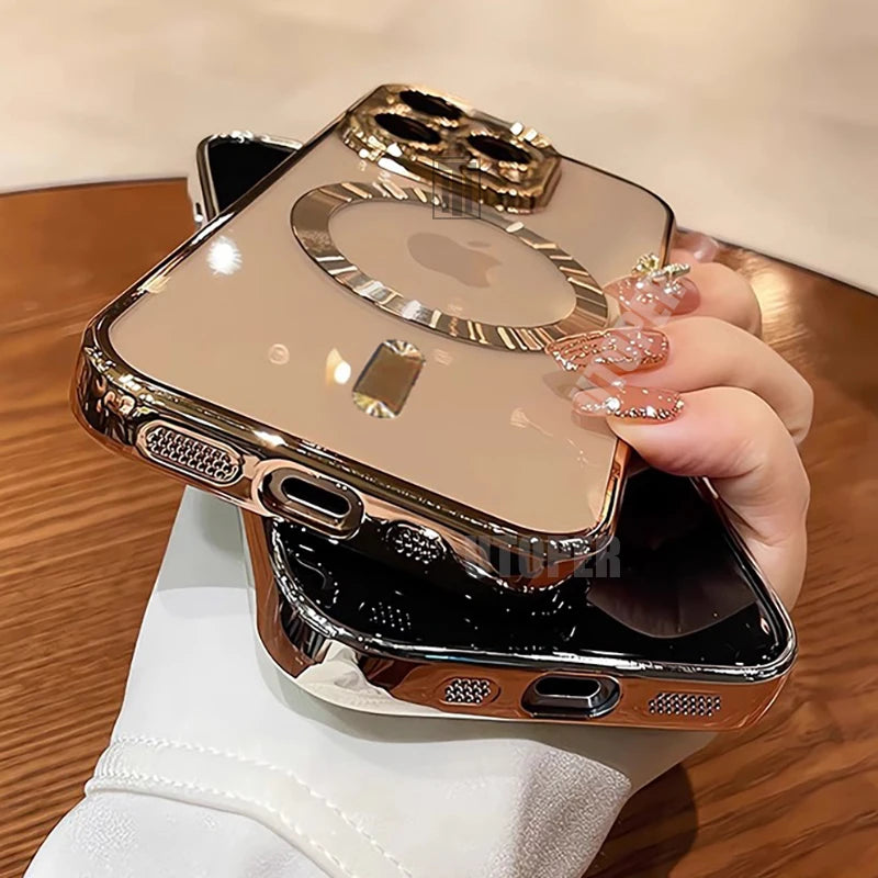 Hand holding a reflective phone case with a metallic finish