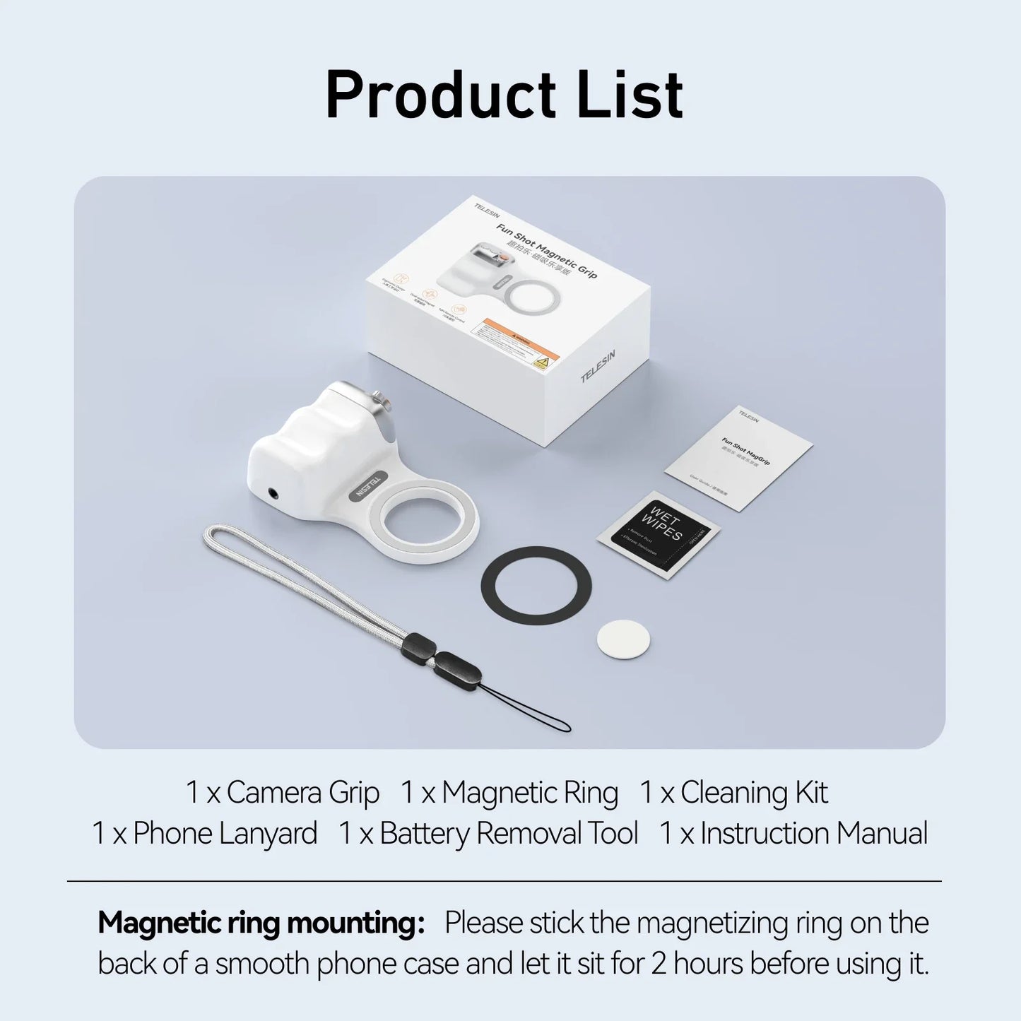 Product list with camera grip, magnetic ring, cleaning kit, phone lanyard, battery removal tool, and instruction manual on a gray background.
