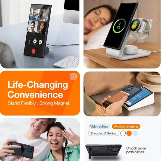 Collage of a flexible stand with smartphone, tablet, and smartwatch on a white background.