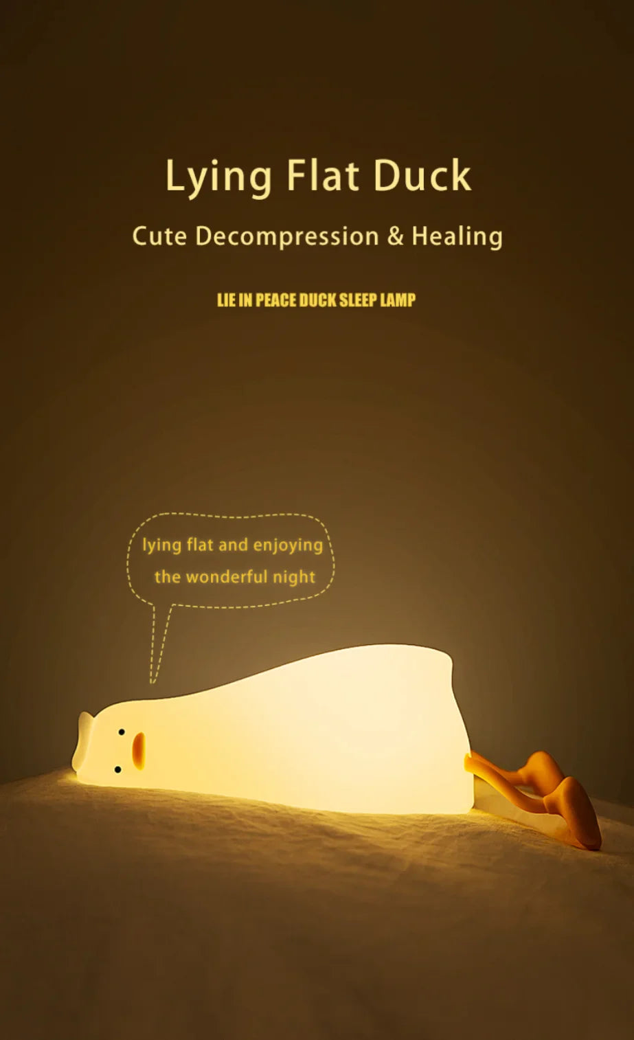 Lying Flat Duck lamp with text on a brown background