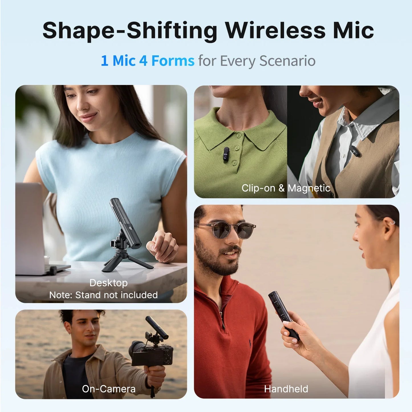 Shape-shifting wireless mic with various forms for different scenarios on a blue background.