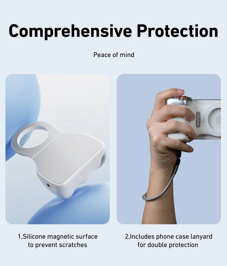 Product with silicone magnetic surface and phone case lanyard on a light blue background